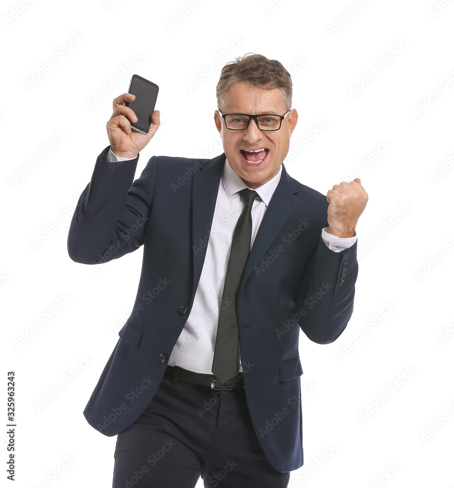 Happy businessman with mobile phone on white background Happy businessman with mobile phone on white background
