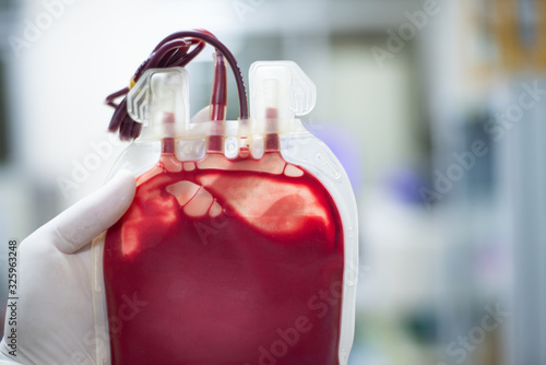 Close up red blood bag in laboratory.