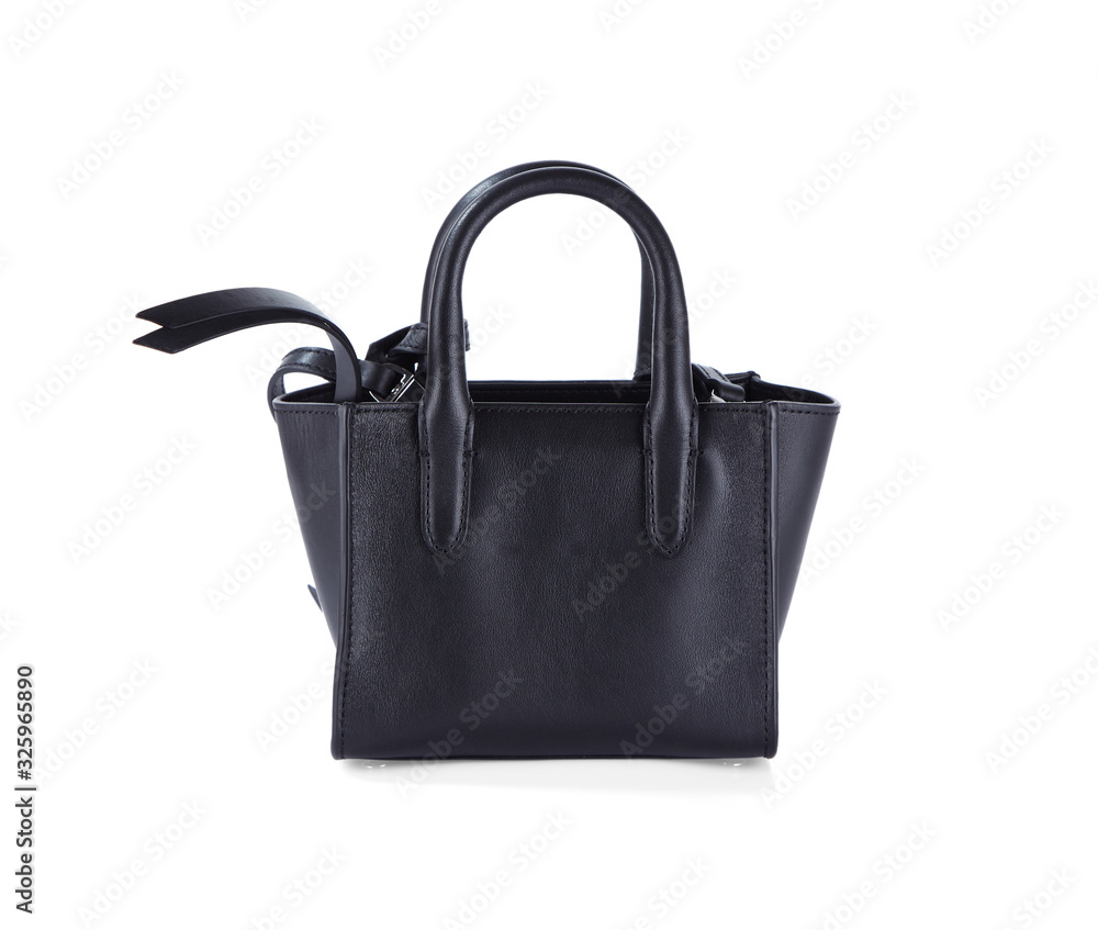 Elegant mini bags made of black matte leather with handles, isolated on a white background with shadows.