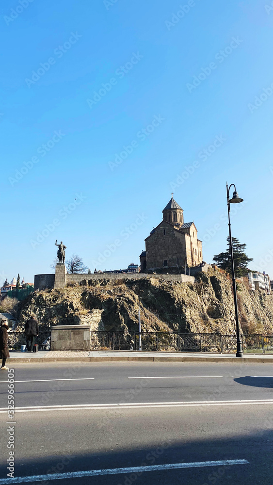 TBILISI, GEORGIA  DECEMBER 14, 2019:  Old Tbilisi architecture, Metekhi church  in Tbilisi, Georgia