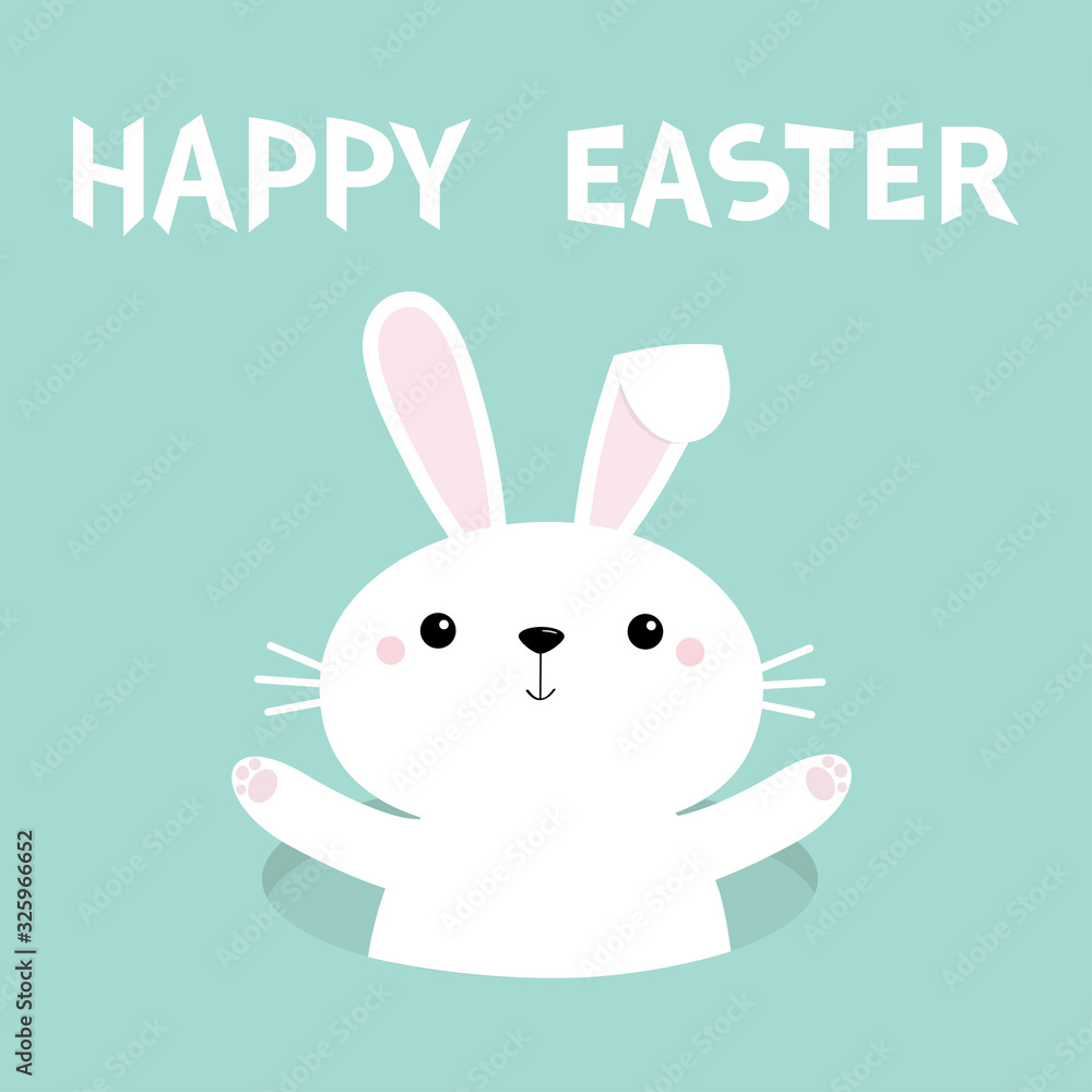 Bunny waving paw print hand. Rabbot hole. Happy Easter. Cute cartoon kawaii funny baby character. White farm animal collection. Blue background. Isolated. Flat design