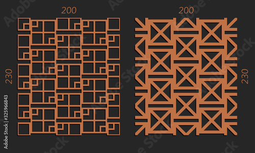 Laser cutting interior set. Woodcut vector trellis panels. Plywood lasercut design. Hexagonal seamless patterns for printing, engraving, paper cut. Stencil lattice ornaments.