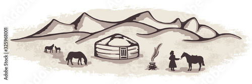Sketch on the topic of life in Central Asia, vector illustration