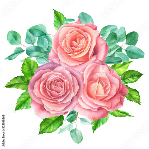 bouquet of light flowers of pink roses and eucalyptus leaves  watercolor illustration  flowers on an isolated white background