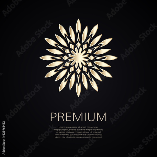 Gradient premium logo. Golden flower shape. Isolated floral logotype. Business identity concept for bio, eco company, yoga or spa salon.