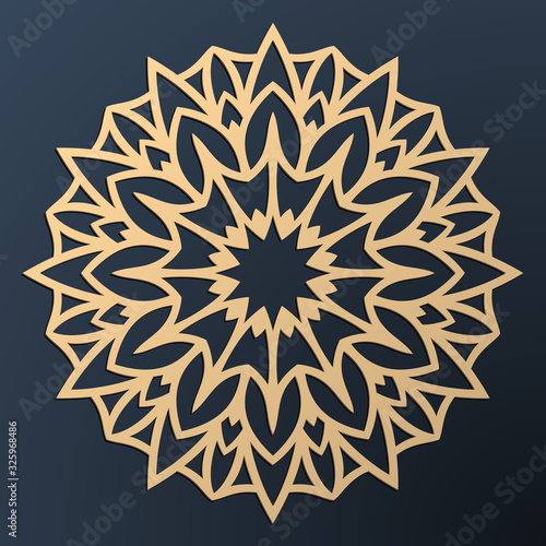 Laser cutting mandala. Golden floral pattern. Oriental silhouette ornament. Vector coaster design.