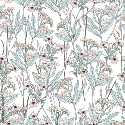 Seamless floral pattern with oleander. Decorative floral background for surface design