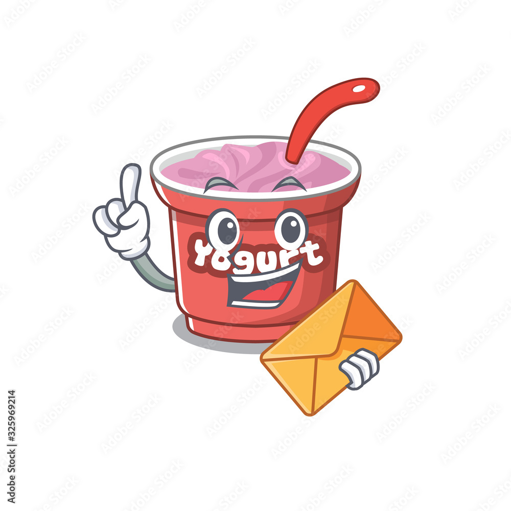 Happy face yogurt mascot design with envelope Happy face yogurt mascot design with envelope