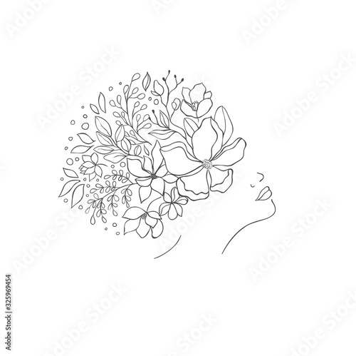 Hand drawn floral women head. Fashion design.