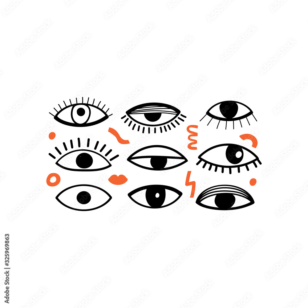 Trendy various psychedelic eyes and abstract contemporary shapes. Lifestyle print for poster, card, sticker, social media, t-shirt etc. Vector illustration. Trendy various psychedelic eyes and abstract contemporary shapes. Lifestyle print for poster, card, sticker, social media, t-shirt etc. Vector illustration.