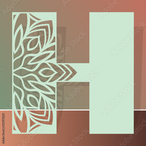 Laser cutting letter H. Woodcut vector design. Plywood lasercut gift. Pattern for printing, engraving, paper cut. Floral mandala design.