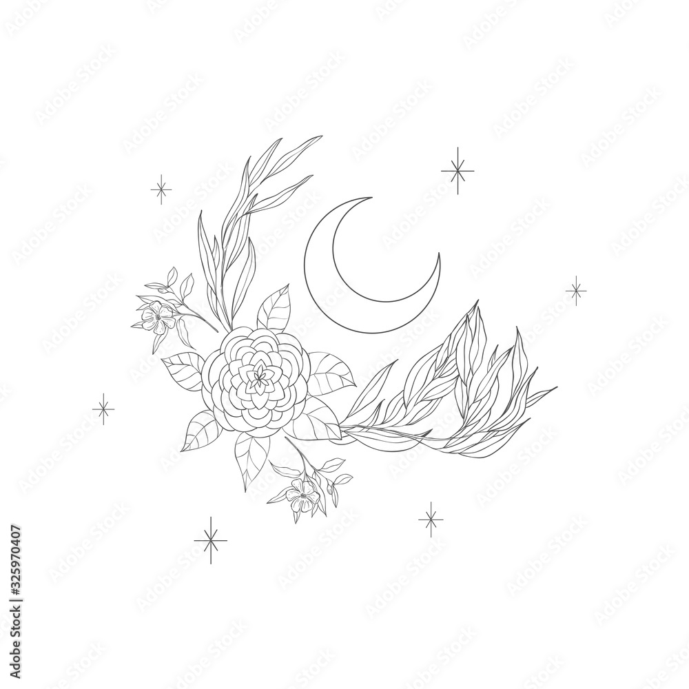 Fototapeta premium Decorative mystery floral design with Moon. Tattoo or t-shirt print.