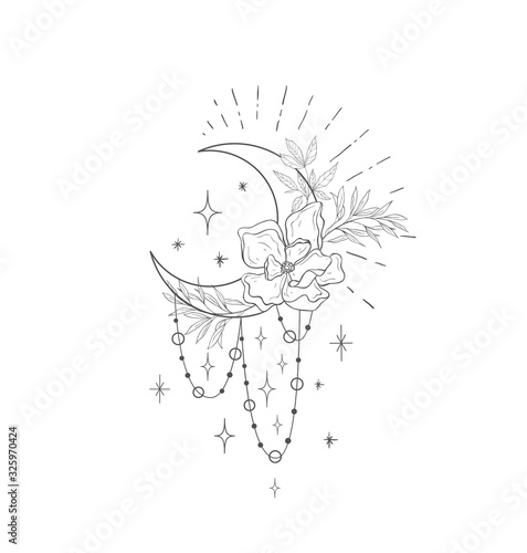 Decorative mystery floral design with Moonand Magnolia. Tattoo or t-shirt print.