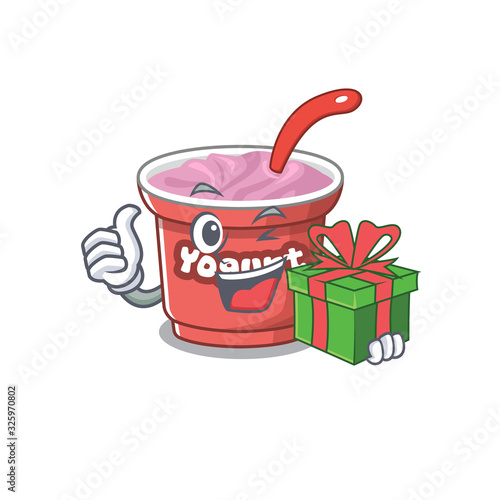 Happy yogurt character having a gift box