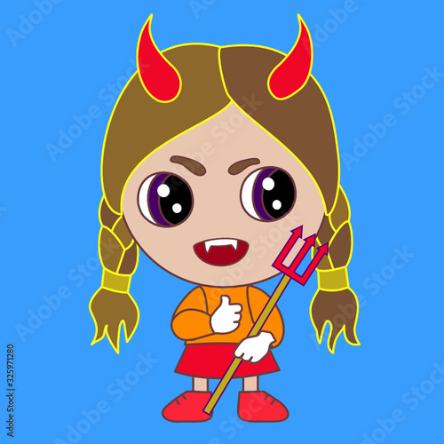 emoji with evil devil girl with horns, cuspids grinning, holding a trident in his hand, red imp with canine teeth showing a thumbs up gesture, with raised thumb holding a pitchfork
