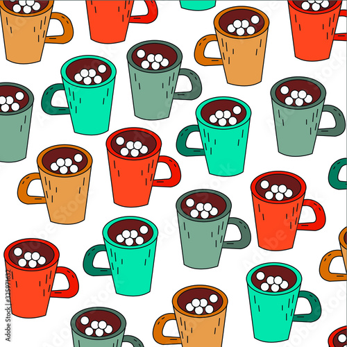 Lots of colorful tea cups with marshmallows on a white background. Seamless pattern. Drawing for paper, wrapper, background, fabric.