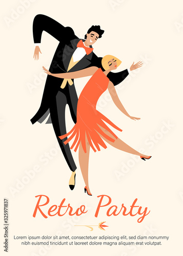 Young happy couple in vintage costumes dance Charleston. 1920s style party