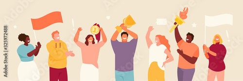 People group with symbols of the Olympics in their hands. Sports fans and winners vector illustration photo
