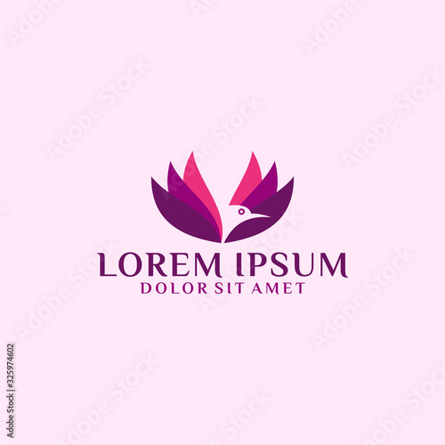 Lotus flower logo template with colibri bird negative space illustration in flat design pictogram symbol