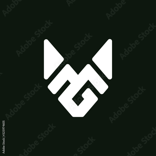 Initial letter MG logo template with wolf or fox head simplicity symbol in flat design monogram illustration