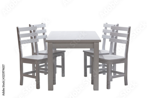 White table and six chairs for kitchen  isolated on white background  front view. Classical furniture made of natural wood.