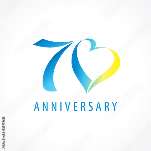 70 years old logotype. 70 th anniversary numbers. Decorative symbol. Congrats in elegant style. Isolated abstract graphic design template. Blue digits, up to 70%, -70% percent off discount concept.