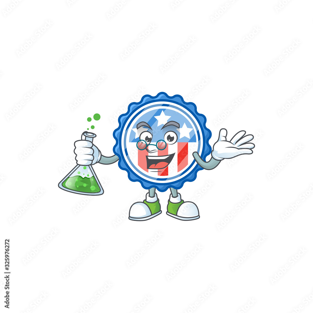 A genius Professor circle badges USA with star cartoon character with glass tube A genius Professor circle badges USA with star cartoon character with glass tube