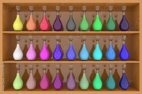 Serie bottigliette colorate con varie sfumature su scaffale..