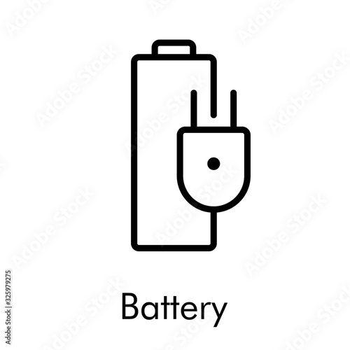 Símbolo de cargando batería. Batería con enchufe. Icono plano lineal en color negro