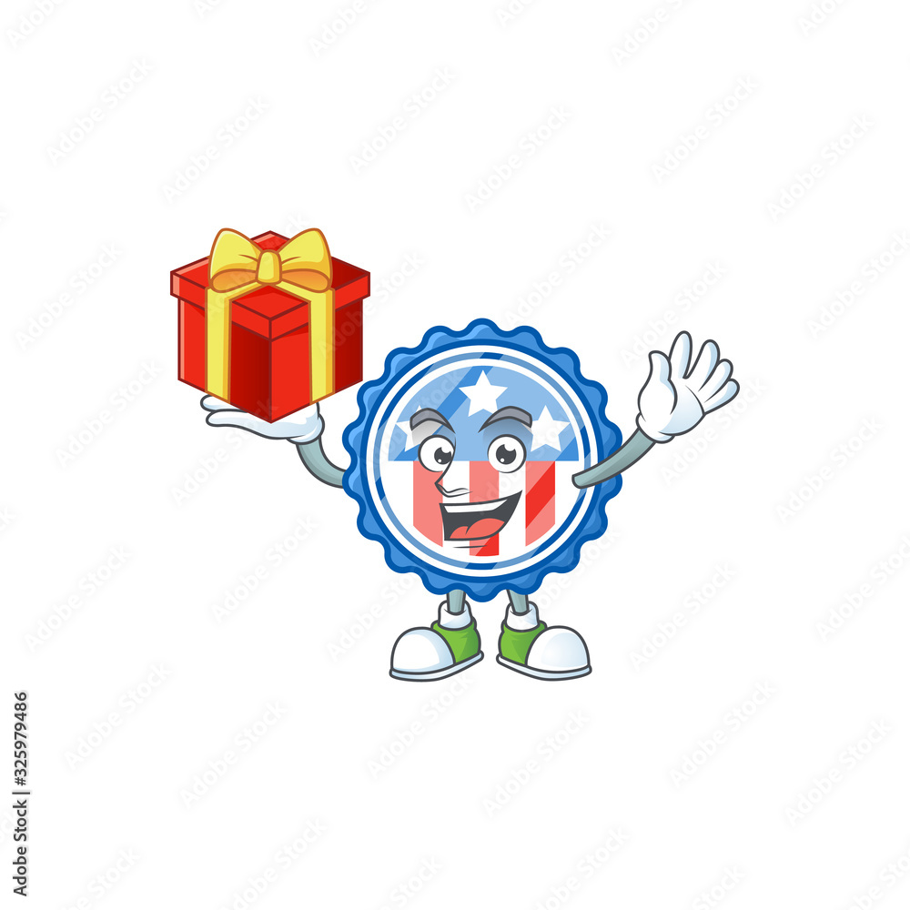 cartoon character of circle badges USA with star with a box of gift
