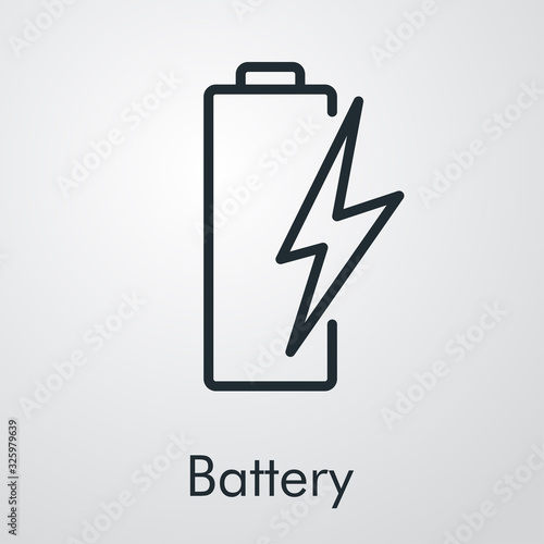 Símbolo de cargando batería. Batería con trueno. Icono plano lineal en fondo gris