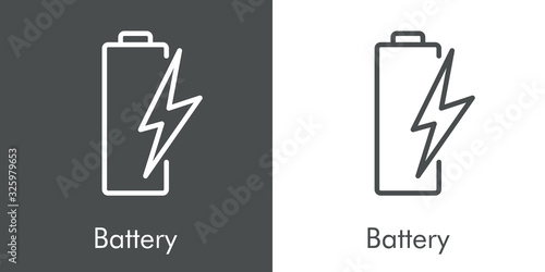 Símbolo de cargando batería. Batería con trueno. Icono plano lineal en fondo gris y fondo blanco