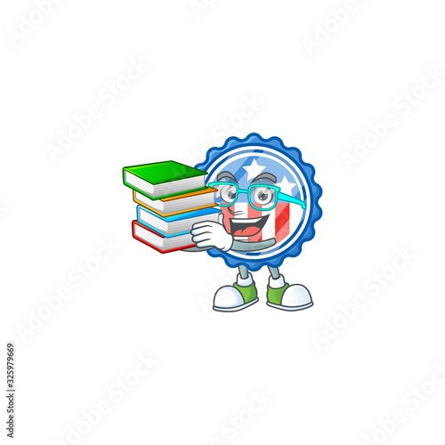 A brainy clever cartoon character of circle badges USA with star studying with some books