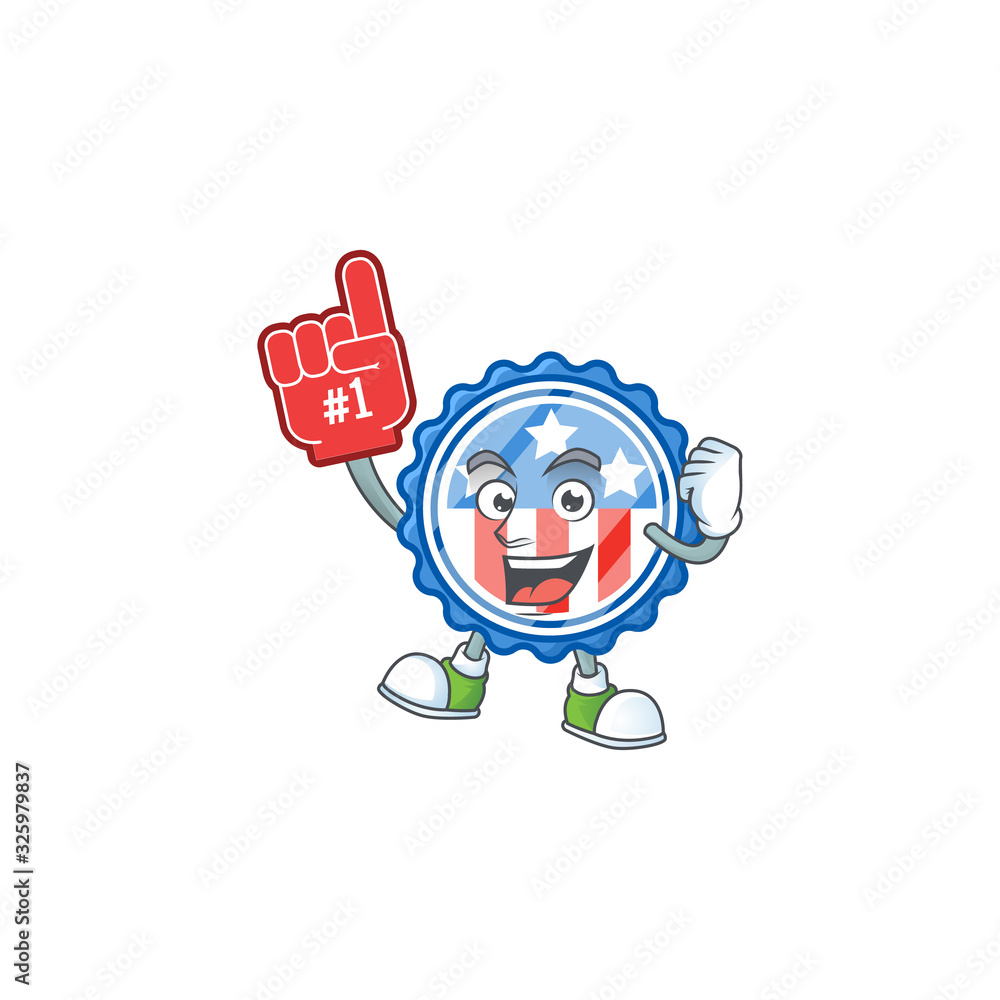 A cartoon design of circle badges USA with star holding a Foam finger