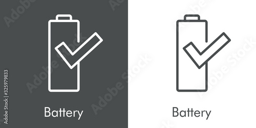 Símbolo de batería cargada. Batería con tilde. Icono plano lineal en fondo gris y fondo blanco