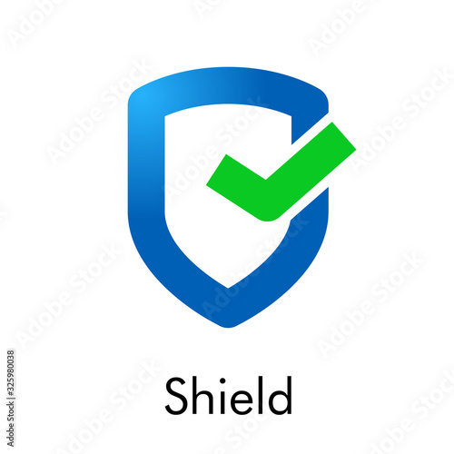Icono plano lineal escudo con marca de casilla de verificación en azul y verde