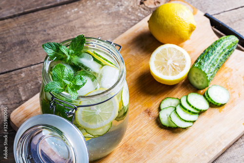 Fresh water with lemon, mint and cucumber.