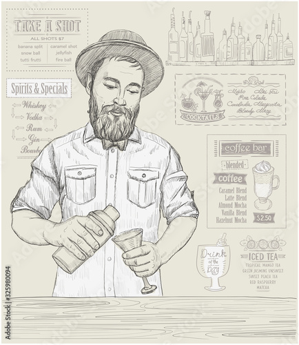 Barmen mixing cocktail against alcohol menu backdrop, graphic sketch vector illustration