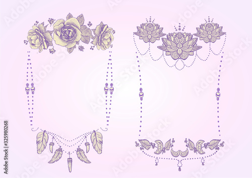 Boho style frames with roses and lotos flowers