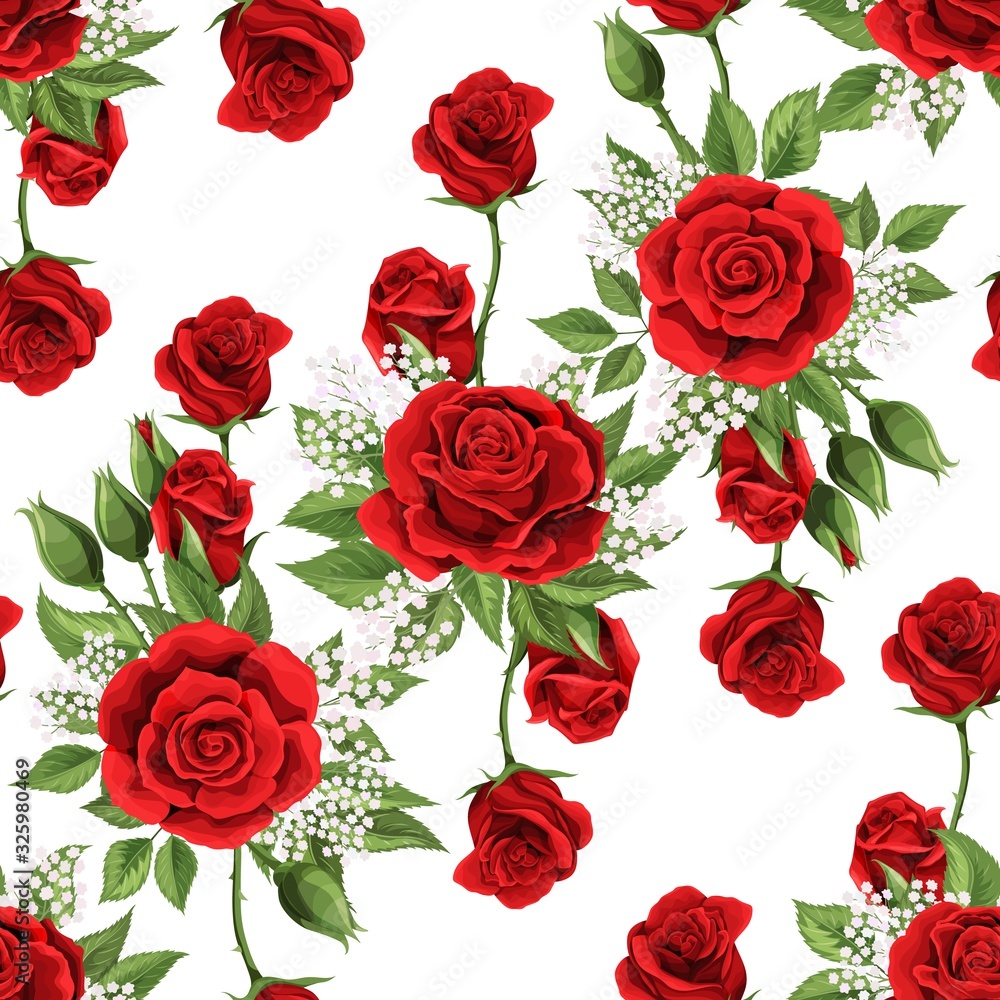 Red rose flowers and green leaves elements vector seamless pattern Red rose flowers and green leaves elements vector seamless pattern