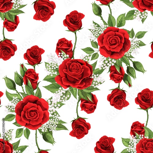 Red rose flowers and green leaves elements vector seamless pattern © Andrew