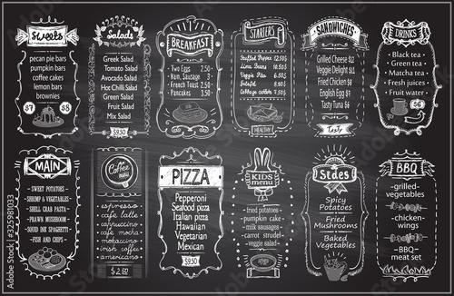 Chalk menu set on a blackboard - sweets, salads, breakfast, starters, sandwiches, etc.
