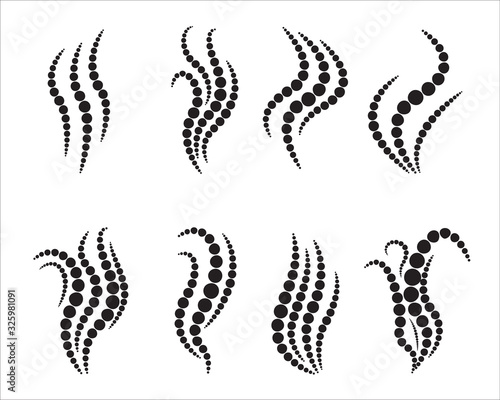 Set of smoke steam icons made of round dots. Aroma smell signs