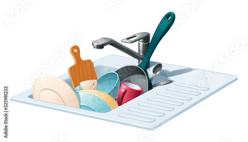 A kitchen sink with a tap full of dirty dishes. Vector illustration on a white background.