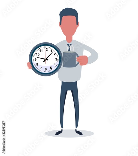 Businessman or clerk. Male character in trendy simple style with objects, flat vector illustration. Business concept. Isolated on white background.
