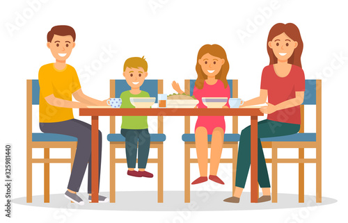 Smiling family sitting at table and dinning from plates together. Happy parents and children characters eating and drinking indoor. Lunch of mother and father with son and daughter at home vector