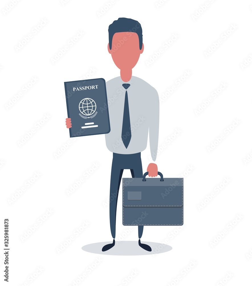 Businessman or clerk. Male character in trendy simple style with objects, flat vector illustration. Business concept. Isolated on white background.