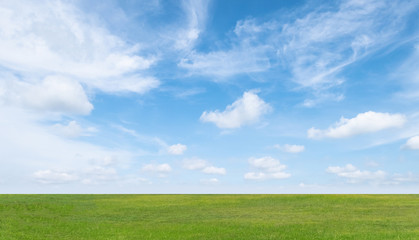 Green grass field and blue sky with white clouds. Beautiful landscape background.