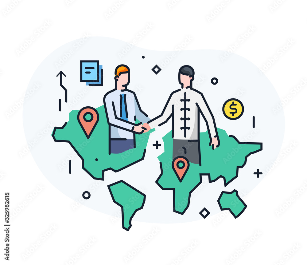 Businessmen shake hands with each other. Asia, Chinese, west . Virtual communication smartphone. Cooperation interaction. Success, Cooperation. line icon illustration