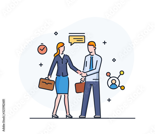 Businessmen shake hands with businesswoman. Virtual communication smartphone. Cooperation interaction. Success, Cooperation. line icon illustration